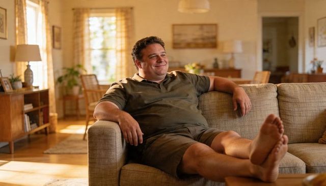 Man relaxing on sofa with feet on coffee table in sunlit midcentury living room, cozy home