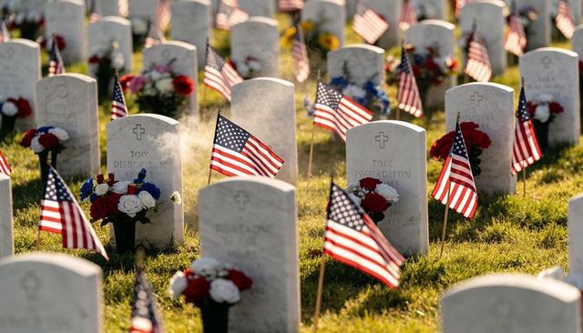 Veterans headstones lining rows with american flags and red white blue flowers in morning light
