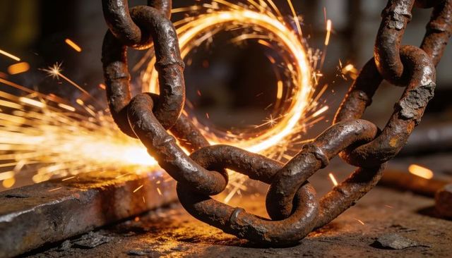 Grinding sparks circling rusted steel chain with pitted links on workshop bench