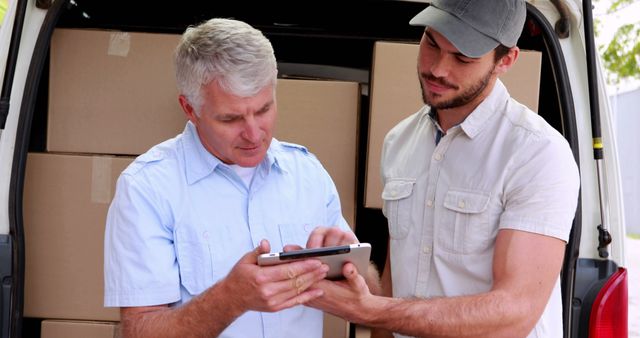 Caucasian man and young Caucasian man review a delivery schedule. They're focused on ensuring timely distribution of packages from their van.