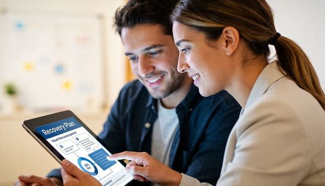 Professionals reviewing recovery plan on tablet, collaborating over charts and analytics