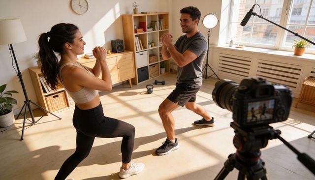 Couple filming partner lunges in sunlit living room home workout session with dslr camera