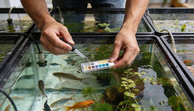 Hands testing aquarium water using reagent test kit and pipette over freshwater fish tanks