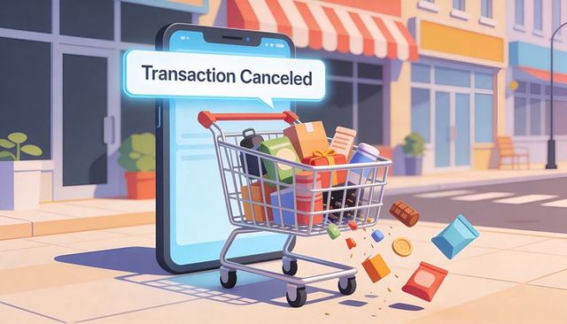 Mobile checkout failure showing shopping cart spilling groceries as transaction canceled