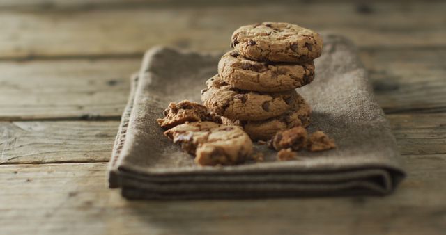 Delicious stack of handmade chocolate chip cookies sitting on a folded brown napkin on a rustic wooden table. Perfect for use in culinary blogs, bakery websites, or marketing materials for baking products. Ideal for themes related to home baking, comfort food, or sweet treats.