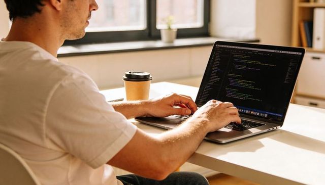 Remote developer coding on laptop at sunlit minimalist home desk with coffee cup and plant