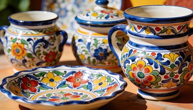 Sunlit hand-painted ceramic pitcher with scalloped bowl and floral glazed jars