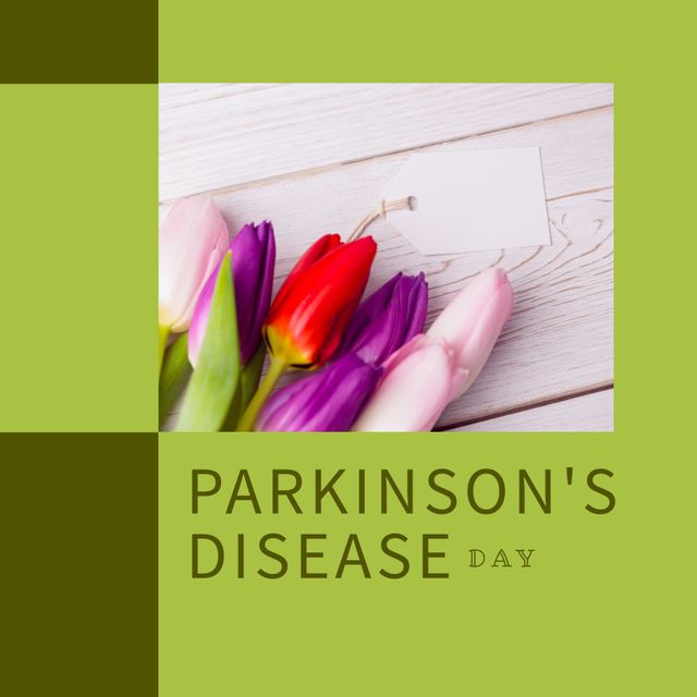 Image of world parkinson's day text over colourful flowers and tag with copy space. World parkinson's day and celebration concept digitally generated image.