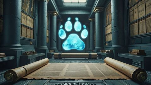 Mystical blue paw hologram in scholarly archive hall