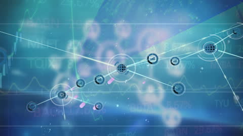 Futuristic Digital Network with Data Visualizations and Icons