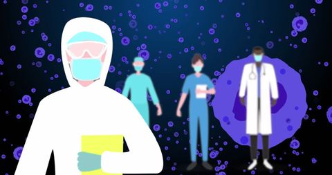Healthcare professionals in protective gear amidst viral cells