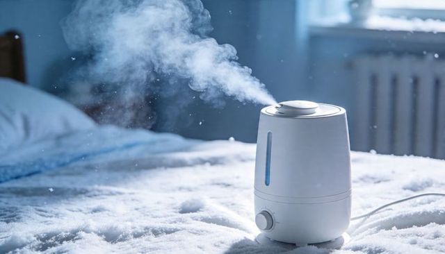 Ultrasonic humidifier emitting fine mist on bed with blue glow for winter air comfort