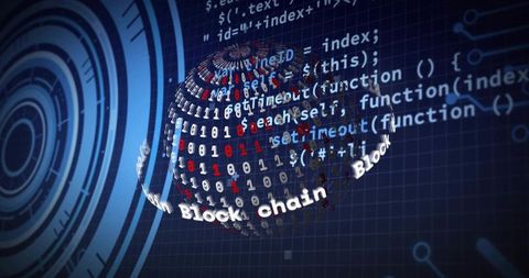 Rotating binary globe with blockchain band and futuristic cyber hud interface