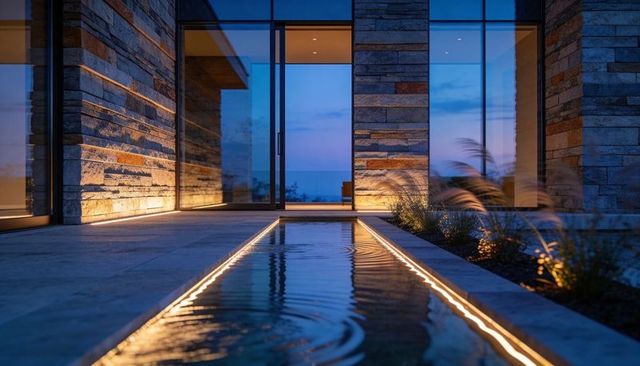 Dusk modern stone terrace with illuminated reflecting water channel and glass doors