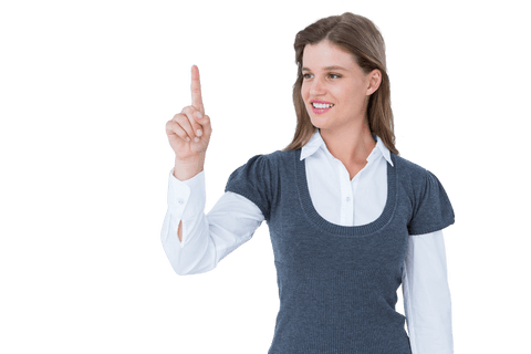 Transparent businesswoman pointing upward with friendly expression