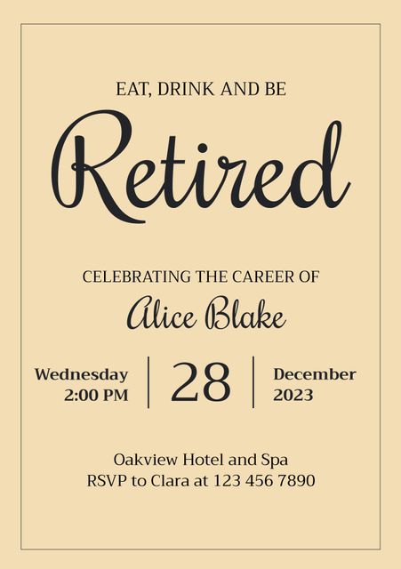 Elegant retirement party invitation with classic cream background and refined typography. Perfect for celebrating a career milestone in style. Suitable for invitations, event flyers, and social media posts announcing a retirement party. Editable text includes party details and RSVP information.