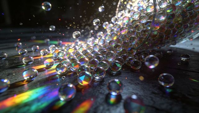 Iridescent glass marbles scattering across dark wood surface casting rainbow refractions