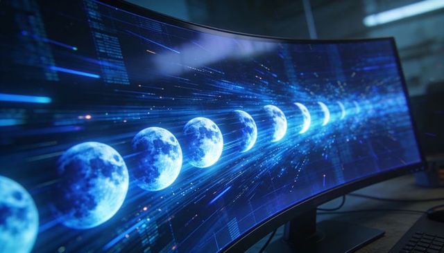 Curved ultrawide monitor displaying neon moon-phase trail, data stream for futuristic tech