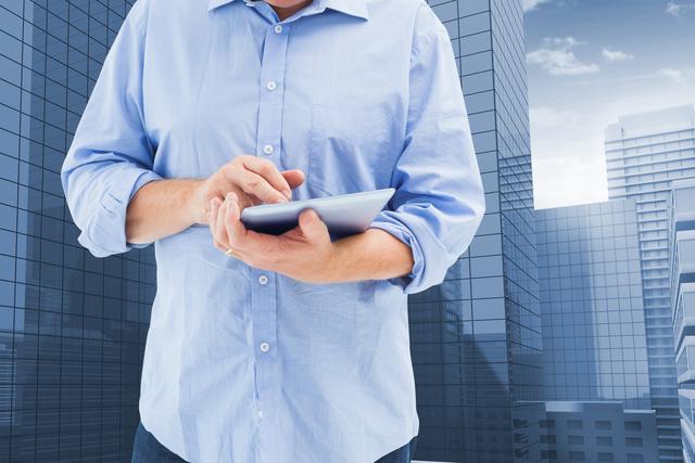 Man wearing casual attire, interacting with digital tablet in front of city skyline. Reflection of office buildings symbolizes modern urban setting and technology in business. Perfect for tech, business solutions, modern workplace, and urban lifestyle themes.