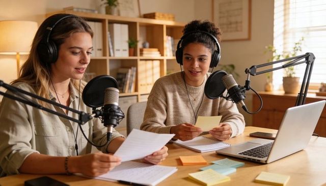 Women cohosts recording podcast in home studio reading notes and collaborating with mics