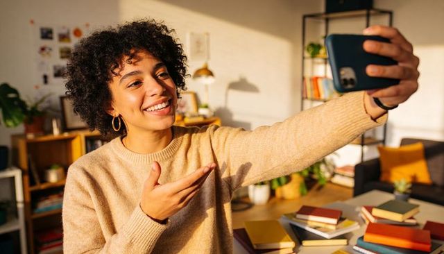 Smiling woman taking selfie in sunlit home office with notebooks, bookshelf, plants