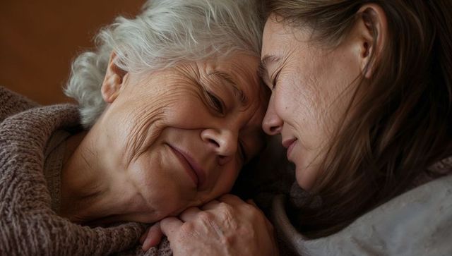 Elderly mother and adult daughter sharing tender closeness wrapped in knit blanket