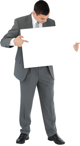 Businessman Pointing at Blank Transparent Card in Suit
