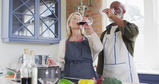 Biracial senior couple wearing aprons drinking wine while cooking in the kitchen at home - Download Free Stock Photos Pikwizard.com