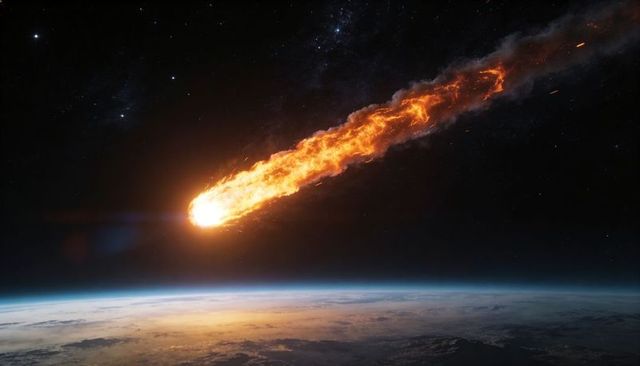 Bolide streaking past earth with fiery plasma trail and glowing starfield horizon