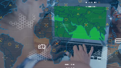 A person seated at a cafe table is engaged in data analysis on a laptop, overlaid with digital world maps and technological graphics. Useful for illustrating themes of global connectivity, remote work, data security, and modern business practices. Ideal for marketing materials, blog posts about technology trends, or promoting digital products.