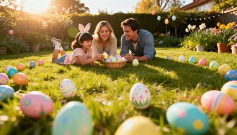 Family hunting colorful easter eggs in sunny backyard at golden hour