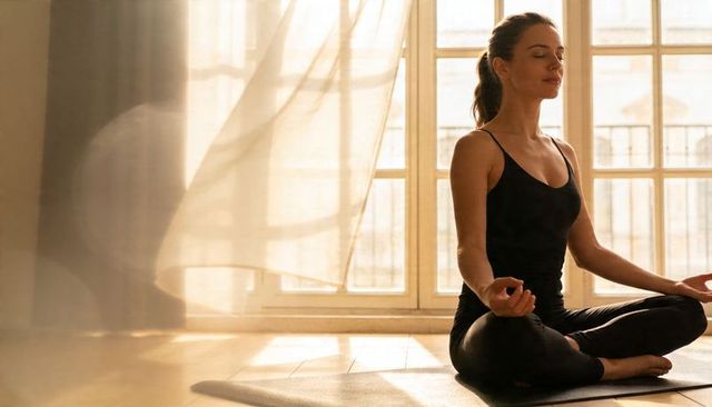 Woman meditating in sunlit room by sheer curtain, practicing yoga and mindfulness