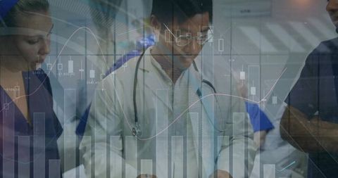 Doctors Analyzing Medical Data in Hospital With Digital Charts Overlay