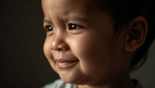 Smiling asian toddler close-up with dimples and stud earring under dramatic side light
