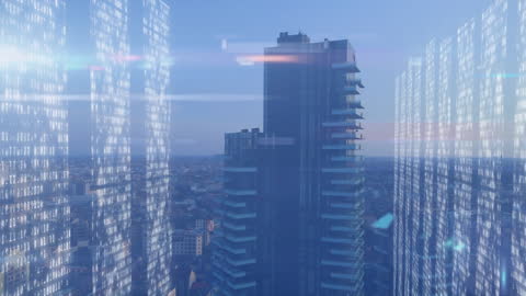 Futuristic Digital Data Overlay on Urban Skyscrapers