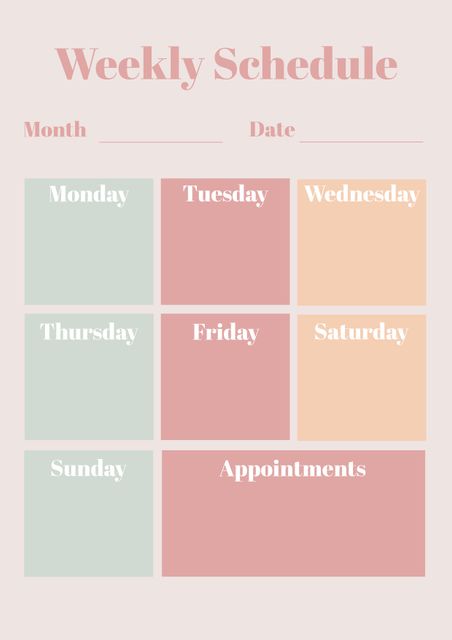 This pastel-themed weekly schedule template features sections for each day of the week and a separate appointment section. Ideal for planning and organization, it can be used in both personal and professional contexts. Perfect for printing and customizing to keep track of daily tasks, meetings, and appointments efficiently.