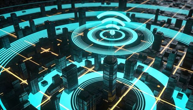 Futuristic telecom tower emitting cyan signal rings over smart city grid, 5g connectivity