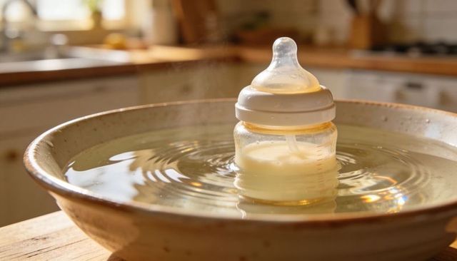 Warming baby bottle in water bath on kitchen counter with soft natural light