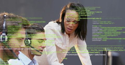 Diverse Colleagues Collaborating at Office with Digital Code Overlay