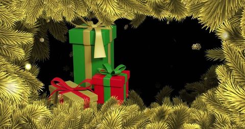 Christmas Gift Boxes Surrounded by Golden Pine Branches