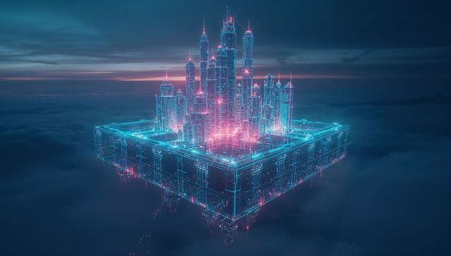 Floating Cyberpunk City Above Clouds with Neon Circuits