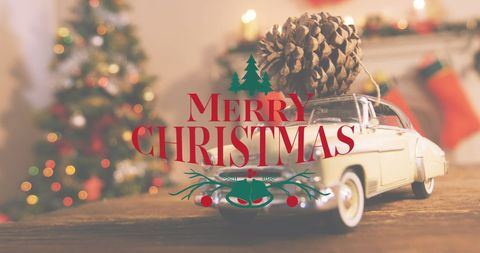 Festive Merry Christmas Banner with Pine Cone on Toy Car - Download Free Stock Images Pikwizard.com