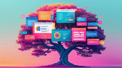 Futuristic tree with floating digital interfaces and data for website designs