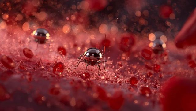 Metallic Nanorobots Exploring Microscopic Red Terrain Background