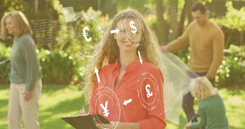Fintech Consultant Holding Clipboard in Garden with Currency Exchange HUD Overlay