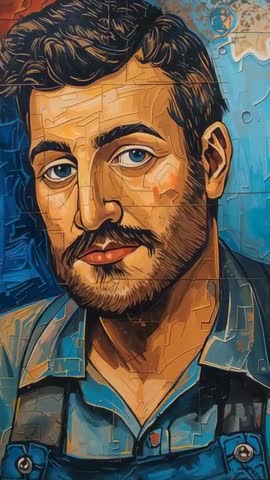 Vertical video panning into painted portrait of male worker in blue overalls on mural