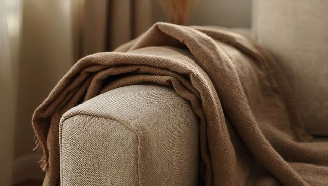 Draped beige sofa armrest with brown throw creating cozy neutral living room mood
