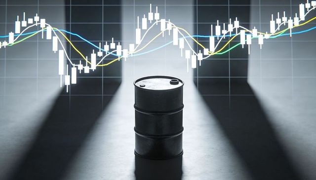 Oil barrel with candlestick chart overlay representing market volatility and price trends