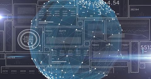 Visualizing global data mesh on futuristic dashboard with glowing network orb and hud