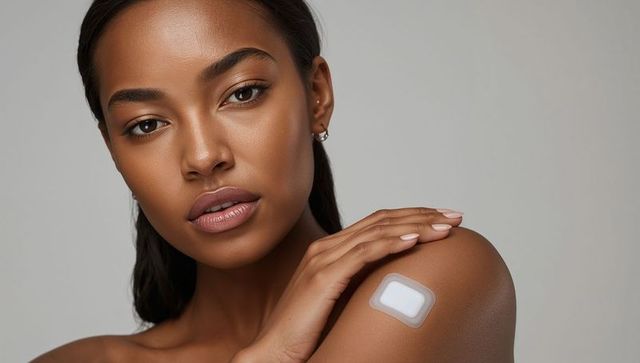 Closeup of woman touching shoulder with adhesive medical patch for skincare and wellness
